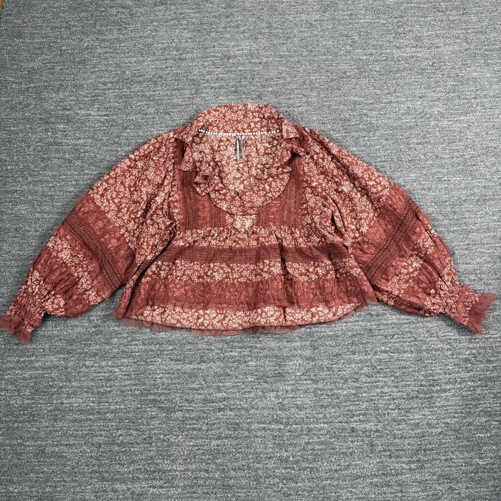 Anthropologie Ruffled V-Neck Popover Blouse Women Small Red Motif Lace Coquette